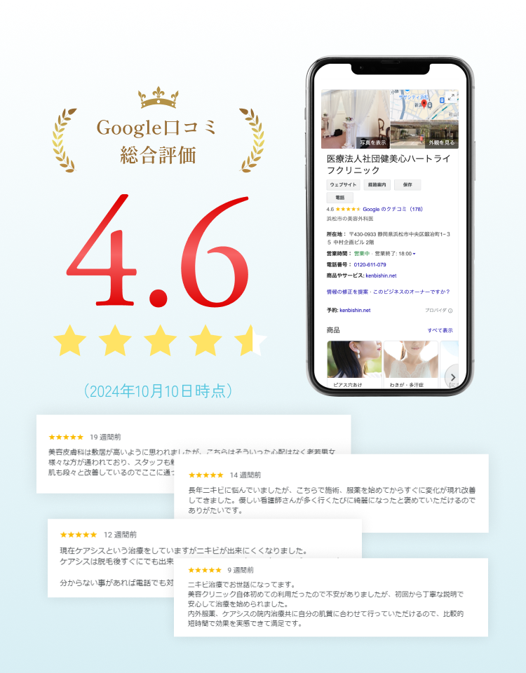 Google口コミ総合評価 4.6 （2024年10月10日時点）